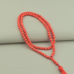 Чотки 108 намистин помаранчеко-червоний Корал природний, кулька 6 мм, червона китиця