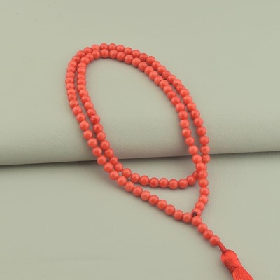Чотки 108 намистин помаранчево-червоний Корал природний, кулька 6 мм, червона китиця